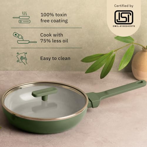 Image of Ember Cookware Arcilla Ceramic Frying Pan 24 cm with Glass Lid | 5-Year Warranty | 75% Less Oil Usage | Lightweight, Non-Toxic Non-Stick Ceramic Frypan | Matching Handle- Gas Compatible | Green