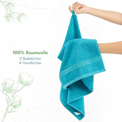 Hammetex 6 teiliges Handtuch Set, 100% Baumwolle Weich Saugstark Qualität Handtücher Set, 2 Badetücher 70x140 cm, 4 Handtücher 50x100 cm, Türkis – Bild 6