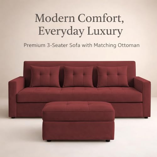 Image of Emilio 3 Seater with Ottomon Pull-Out Sofa Cum Bed (Maroon Color) Premium Fabric Sofa Set for Living Room | Bedroom