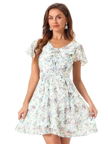 Robe évasée fleurie blanche et violette col en V pour vos journées d'été