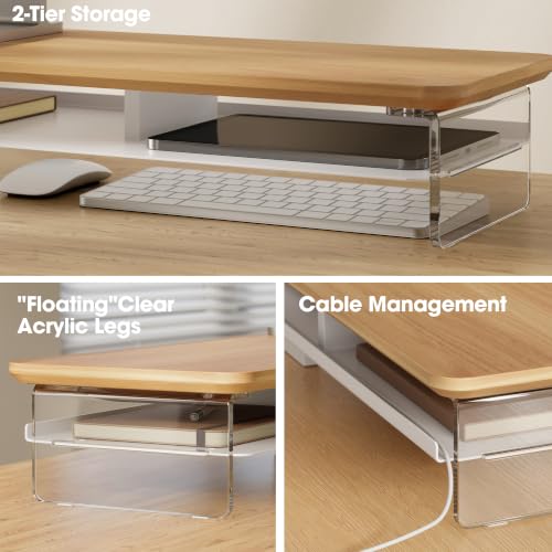 Image of Fenge 42.5 inch Dual Monitor Stand with Clear Acrylic Legs, Dark Oak | Clear Acrylic, Storage Compartment, 2-tier Home Office Monitor Riser, Wide Large Desktop Shelf Fit Monitor /Laptop /Printer