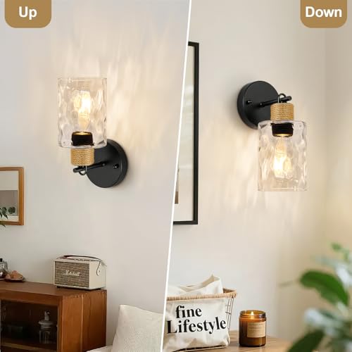 Image of MOKATNG Set of 2 Wall Sconces for Bathroom, Coastal Modern Vanity Lights with Crystal Glass Shade, Black Bathroom Wall Lamp for Mirror Kitchen Living Room Hallway Cabinet Porch