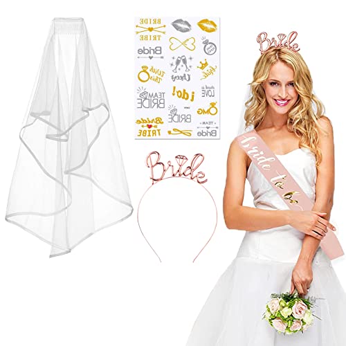 "Bride to Be" Gürtel und Schleier, DRAMBOR Damen Prewedding Party Accessoires, weißer Brautschleier,roségoldene Tiara, Hochzeitsfoto-Requisiten, Spielzubehör für Junggesellenabschiede (4PCS) Cover