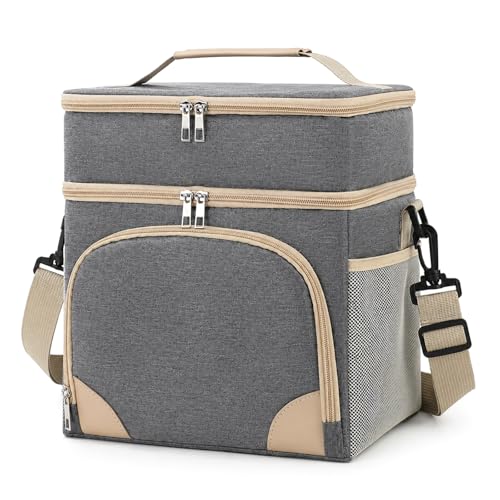 FYting Bolsa Termica Porta Alimentos,16L Bolsa Comida Trabajo,Nevera Portatil Tela,2 Capas de Compartimentos Conservación, para Frutas, Bebidas, Loncheras, Paraguas,para Picnics(Gris)