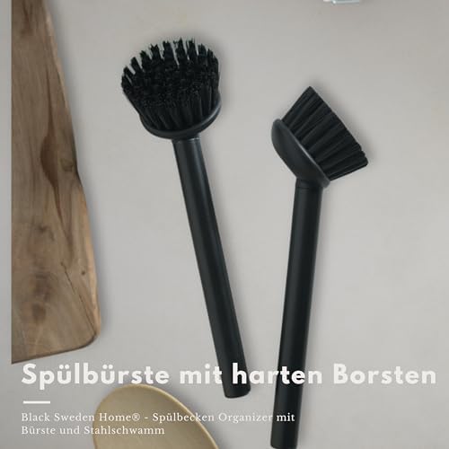 Black Sweden Home® Designerski organizer do zlewozmywaka ze sztucznego kamienia ze szczotką i stalową gąbką organizer kuchenny zestaw do zlewozmywaka czarny matowy przechowywanie i organizacja