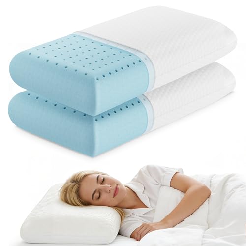 Image of Sweetcrispy Back and Side Sleeper Support, White Gel Cooling Memory Foam Pillows for Sleeping, Bed Pillows for Adults with Breathable Mesh and Washable Cover - 2 Pack