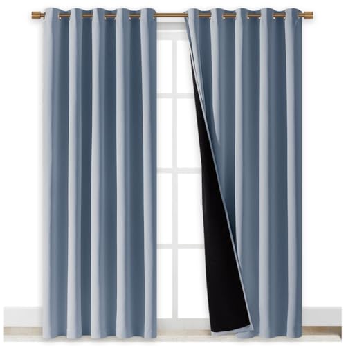 Image of NICETOWN 100% Blackout Window Curtain Panels, Vintage Blue, 2 Pieces, 70 inch Wide Each Panel, Cold and Full Light Blocking Drapes with Black Liner for Nursery, 84 inch Drop Thermal Insulated Draperies