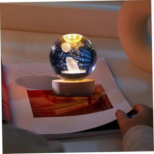 Image of 3D Rabbit Moon Crystal Ball LED Night Lamp, Cute Bunny Design with Wooden Base, Soft Glow Table Light for Kids Room, Nursery Gift (Rabbit Moon)