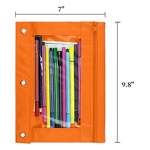 Image of 3-Ring Pen Pencil Pouch with Clear Window Stationery Bag Binder Case Classroom Organizers Orange