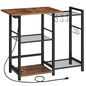HOOBRO Bakers Rack with Charging Station, Microwave Stand with Storage, Space-Saving Coffee Bar Industrial Bread Organizer, for Dining Room, Kitchen, Black and Rustic Brown BF15UHB01G1