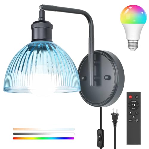 Swing Arm Wall Sconce, Plug in or Hardwired Black Wall Lamp with Blue Stripe Ribbed Glass Shade, Modern Remote Dimmable RGBW LED Bulb Light Fixture for Living Room Bedroom Bedside Bathroom Hallway