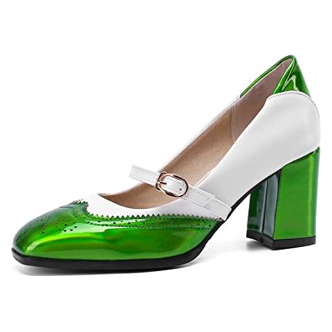 Lutalica W Women's Trendy Closed Square Toe Patent Leather Contrast Stitching Two-Tone Medium Chunky Heel Strappy Mary Jane Pumps Green Size 44CN Cover