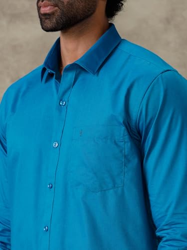 Image of RAMRAJ COTTON Men Full Sleeve Solid Shirt With Matching Border Dhoti|Ideal For Weddings And Occasion