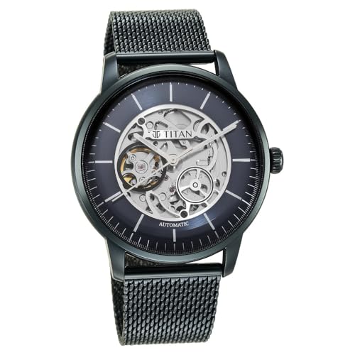 Image of Titan Mechanical Skeleton Automatic Midnight Blue Dial Metallic Blue Stainless Steel Strap Watch for Men - NT90110QM01