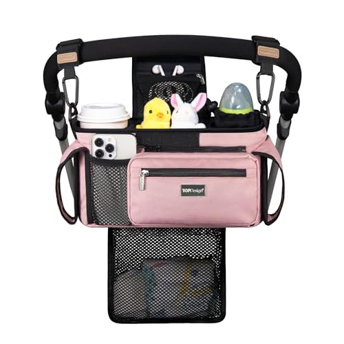 Image of TOPDesign Universal Baby Stroller Organizer, Stroller Caddy with Detachable Mesh Bag & Heightened Insulated Cup Holders & Non-Slip Secure Hooks Accessories, Fits Most Strollers (Pink)