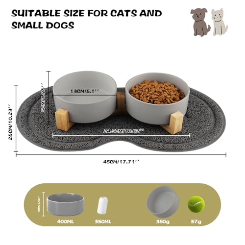 Vexillic Hundenapf Keramik, 400ML Doppel Futternapf Hund, Hundenapf Erhöht mit Bambus Ständer und Rutschfestem Matte für Kleine Bis Mittlere Hunde
