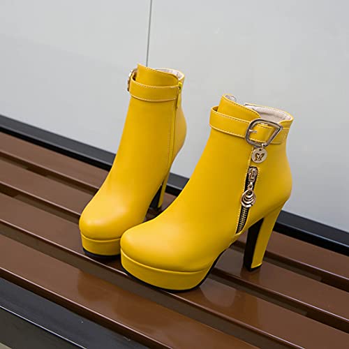 VOKLIN Women's Fashion Buckle Platform Block High Heel Ankle Boots Round Toe Side Zipper Dress Short Booties4