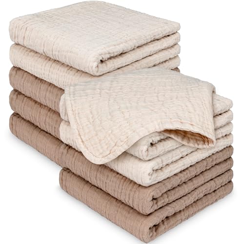 Image of 10-Pack Muslin Baby Washcloths for Newborn - 12x12 inch Soft Absorbent Organic Cotton Muslin Wash Cloths for Babies Girl, Boy, Infant, Toddlers, Kids Face Towel, Bath Essentials, Baby Burp Rags (Ecru)