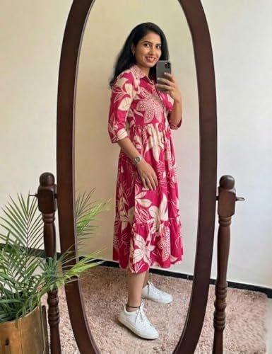 Image of ROYALICA Women's Pure Cotton Maxi Midi Dress Western Dress for Women Elegant Floral Printed Long Dresses | Soft & Breathable Fabric | Casual Trending Dress for Women
