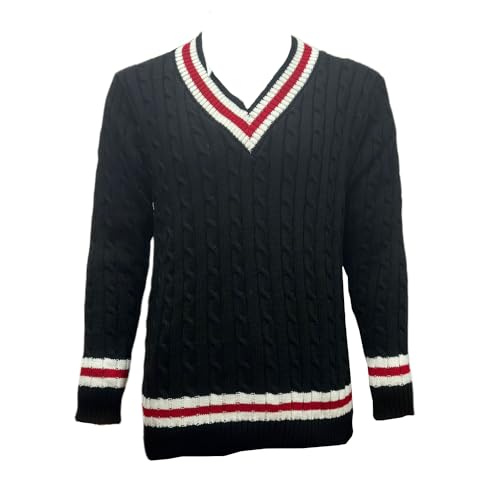 Image of VEARZ® Unisex Mens Womens V Neck Cricket Jumper | Adults Long Sleeve Stripe Cable Knitted Golf Sweater Sportswear Pullover Sweatshirt Jersey Top Black XL