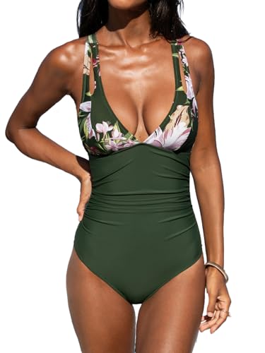 Image of CUPSHE Women's One Piece Swimsuit Tummy Control Deep V Neck Double Straps Crisscross Back Tie Bathing Suit