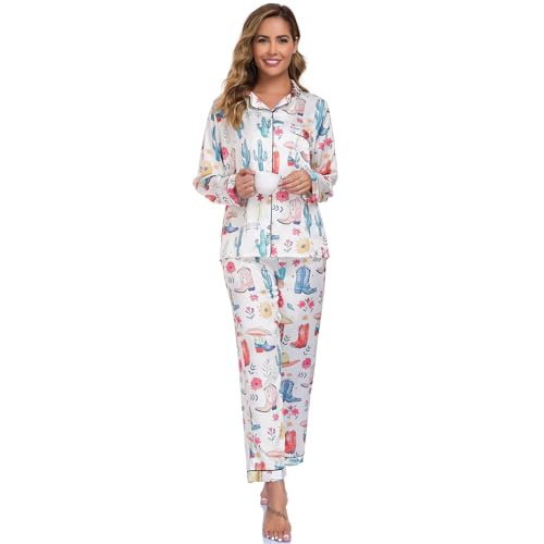 RONGTAI Womens Pajama Sets Button Down Long Sleeve Knight Boot Print Lapel Shirt with Pocket Matching Pj Pants Two Piece Loungewear Set White XL — view 5