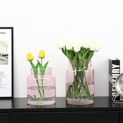 Grands vases en verre rose à large ouverture pour bouquets de fleurs et décoration