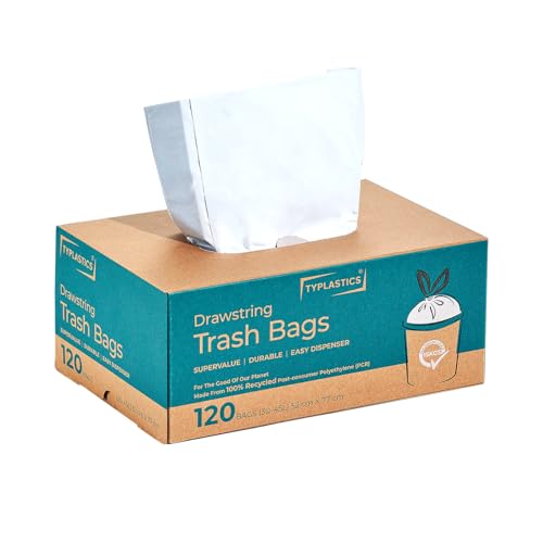 TYPLASTICS Bin Liners 30-45L, 120 Waste Bags with durable drawstring Tie Handle, White, 100% Post-Consumer Recycled Material, Global Recycled Standard Compliant - Image 4