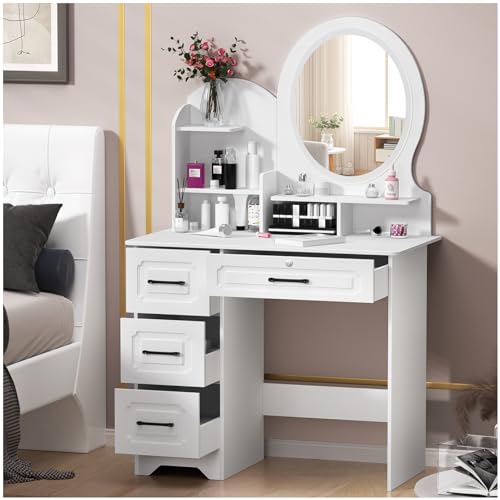 Hxtutglrp - Hxtutglrp Coiffeuse avec Miroir LED Lumineux, Table de Maquillage avec 4 Grands Tiroirs et Étagères de Rangement, Bureau Dressing Blanc avec Miroir, Coiffeuse Lumineuse pour Chambre Adulte (Blanc)