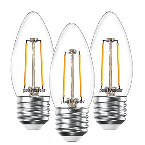 paul russells LED Candle Filament Light – 2.5W 25W Equivalent Replacement, 250LM Lumens, 2700K Warm White, ES E27 Edison Screw C35 Bulbs – Bright Energy Saving Non-Dimmable Lamps - 3 Pack