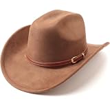 AQOKKA Western Cowboy Hats for Women Classic Felt Wide Brim Fedora Hat with Belt Buckle Retro Panama Hat Unisex Rolled up Cap