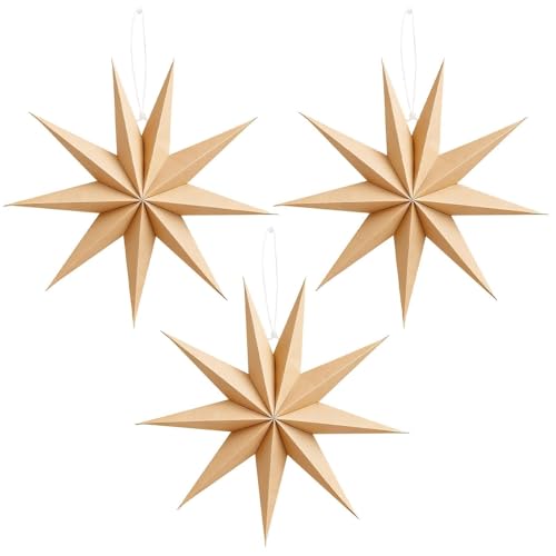Zatixbu Lot de 3 Étoiles en Papier de Noël, Étoiles Pliantes 30cm 9 Branches Couleur Kraft, Décoration Scandinave pour Sapin Fenêtre Mariage Anniversaire Suspendre