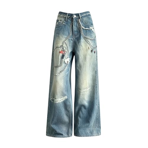 Jeans fille taille haute large rétro denim à motif chaîne original