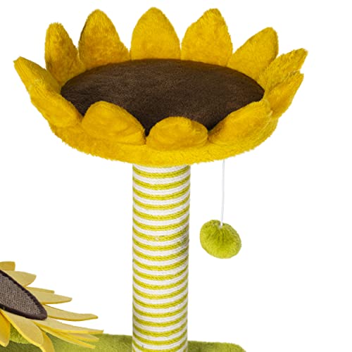 Image of Prevue Pet Products Sunflower Playground - Yellow and Green | Sunflower Pet Activity Center with Dangling Toy & Cat Scratcher, Durable Posts and Padded Platform Levels