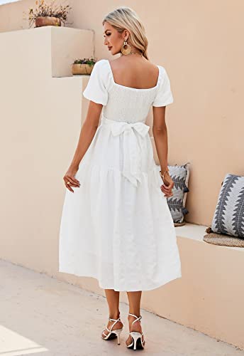 Anna&Chris Womens Summer Puff Sleeve Midi Dress A Line V Neck High Waist Tie Back Smocked Tiered Boho Wrap Dresses White M #TOP5