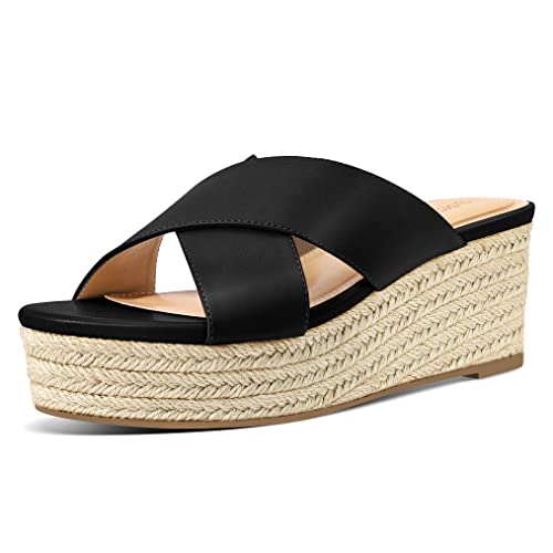 PIZZ ANNU Sandalias Mujer Verano Plataforma Cuña Esparto Zapatos de Tacón Chanclas Alpargatas Clásicos de Punta Redonda Negro EU 42