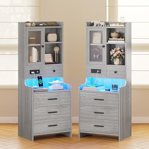 ADORNEVE Grey Nightstand Set of 2 with Charging Station,49.2" LED...