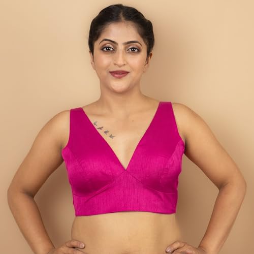 Image of FIGURE'S DESIGNER Women's Dupion Raw Silk Sleeveless V Neck Sabyasachi Cut Readymade Saree Blouse Padded Stitched S4
