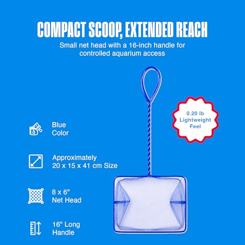 Image of Penn-Plax Quick-Net Aquarium Fish Net - 8 x 6 in Fine Mesh, 16 in Vinyl-Covered Braided Long Handle - Small Aquarium Cleaning Tool for Gentle Fish Handling - Use in Freshwater & Saltwater Tanks - Blue