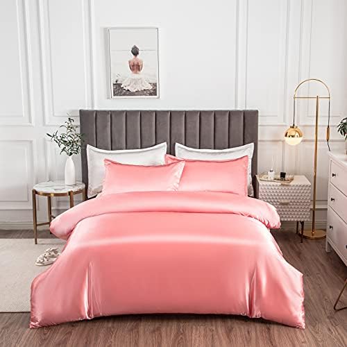 SHAXIA Satin Duvet Cover Set (1 Comforter Cover + 2 Pillow Shams) Silky Bedding 3 Piece Set with Zipper Closure, Twin Size, Pink Color