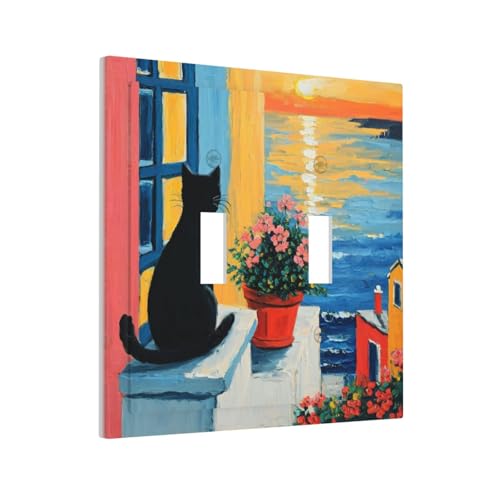 Decorative Switch Covers Plate Vintage Oil Painting Style Black Cat Sea Flowers 2 Gang Wall Plate Oversized Double Toggle Light Switch Plate Wall Cover Plate Faceplate for Bedroom Decor