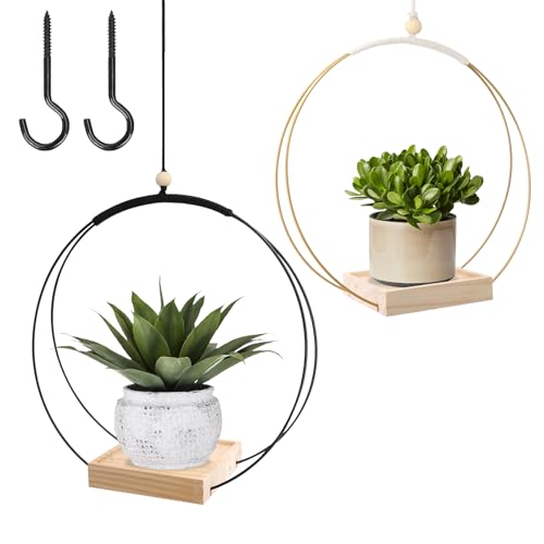 Kunaxku 2 fioriere sospese per interni, anello in metallo con base in legno, vaso da appendere per piante, fioriera sospesa, fioriera sospesa, fioriera per interni, vaso per piante sospese, gancio