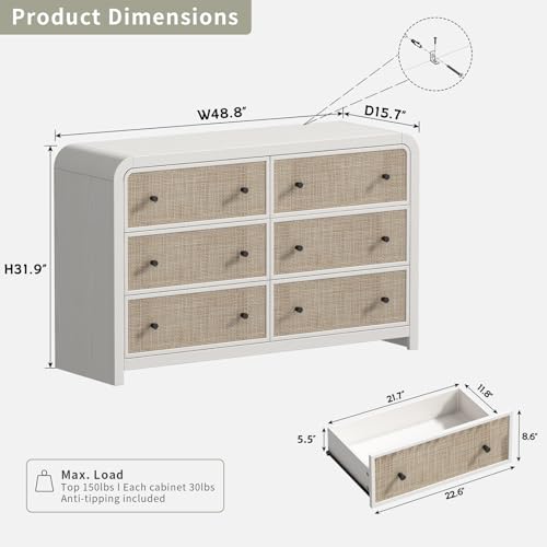 Image of Oak&Sparrow 6 Drawer Dresser for Bedroom, 49'' Rattan Dresser with Ample Storage, Boho Chest of Drawers, Thickened Curved Profile Design, Oak Dressers for Bedroom, Living Room