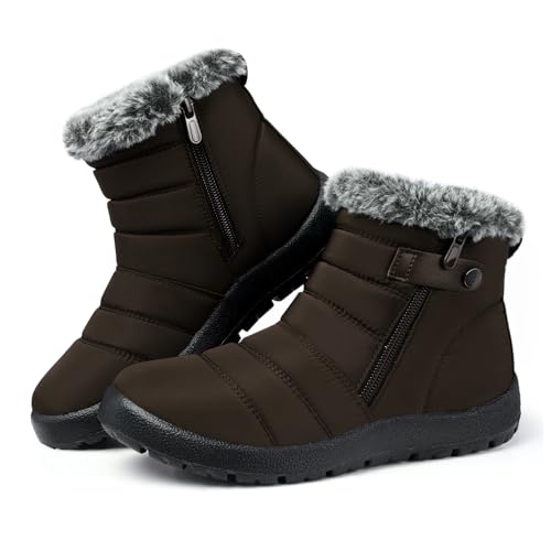 SHIBEVER Women Winter Snow Boots: Woman Winter Insulated Fur Lined Low Booties Brown Size 7 Casual Walking Boot