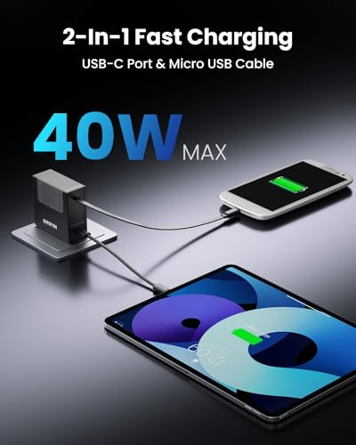 Image of Gitryin Portable Micro USB Charger, Retractable Wall Charger with 33.5in Charging Cable, 40W Fast Charging Block with USB C Port Compatible with Samsung Galaxy S7 S6 J8 J7 Note 5,Kindle,LG,PS4, Black