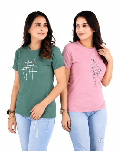 Image of Women's Slim Fit Graphic Printed T-Shirt | Soft 100% Cotton Fabric | Round Neck Half Sleeve Casual Top, Travel & College Pack of 2 Set