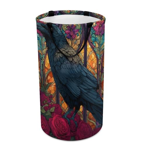 LUYYSKY Beautiful Colorful Gothic Crow Versatile Storage Laundry Basket, Retro Realistic Stained Glass Window Animal Raven Plant Red Roses Large Capacity Bathroom Hamper With Handle