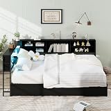 Bellemave Full Corner Bed Frame with Storage, Full Size Captains Bed with Charging Station and LED Light, Wood Daybeds with L-Shaped Bookcase and 2 Drawers, Black
