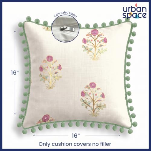 Image of Urban Space Cotton Cushion Cover Set of 5, 16 x 16 Inches, Decorative Throw Pillow Covers with Pom Pom, Printed Sofa Cushion Covers for Living Room, Home Decor (CC2, 40Cm x 40Cm, Set of 5)