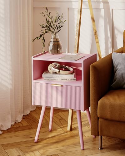 Image of Nightstand with Oultlet,Modern Bedside Table with Storage Drawer and Open Wood Shelf, for Living Room, Bedroom and Small Spaces, Accent Night Stand with Solid Wood Legs, Easy Assembly,Pink